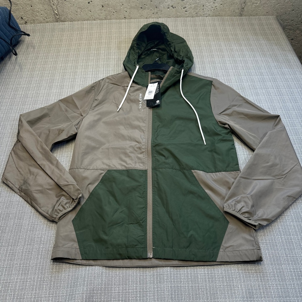New Volcom Karlin Jacket Mens‎ Small Green Brown Colorblock Hooded Windbreaker